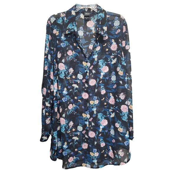 torrid Tops - Disney Torrid Her Universe Alice in Wonderland Sheer Button-Up Tunic Size 0 (L)